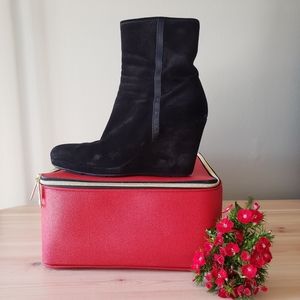 PRADA Black Suede Wedge Booties